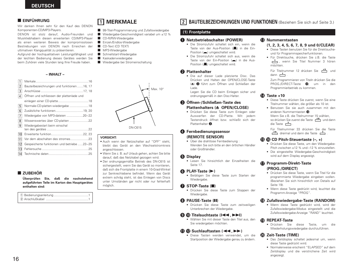Deutsch, Merkmale, Bauteilbezeichnungen und funktionen | Denon DN-C615 User Manual | Page 16 / 76