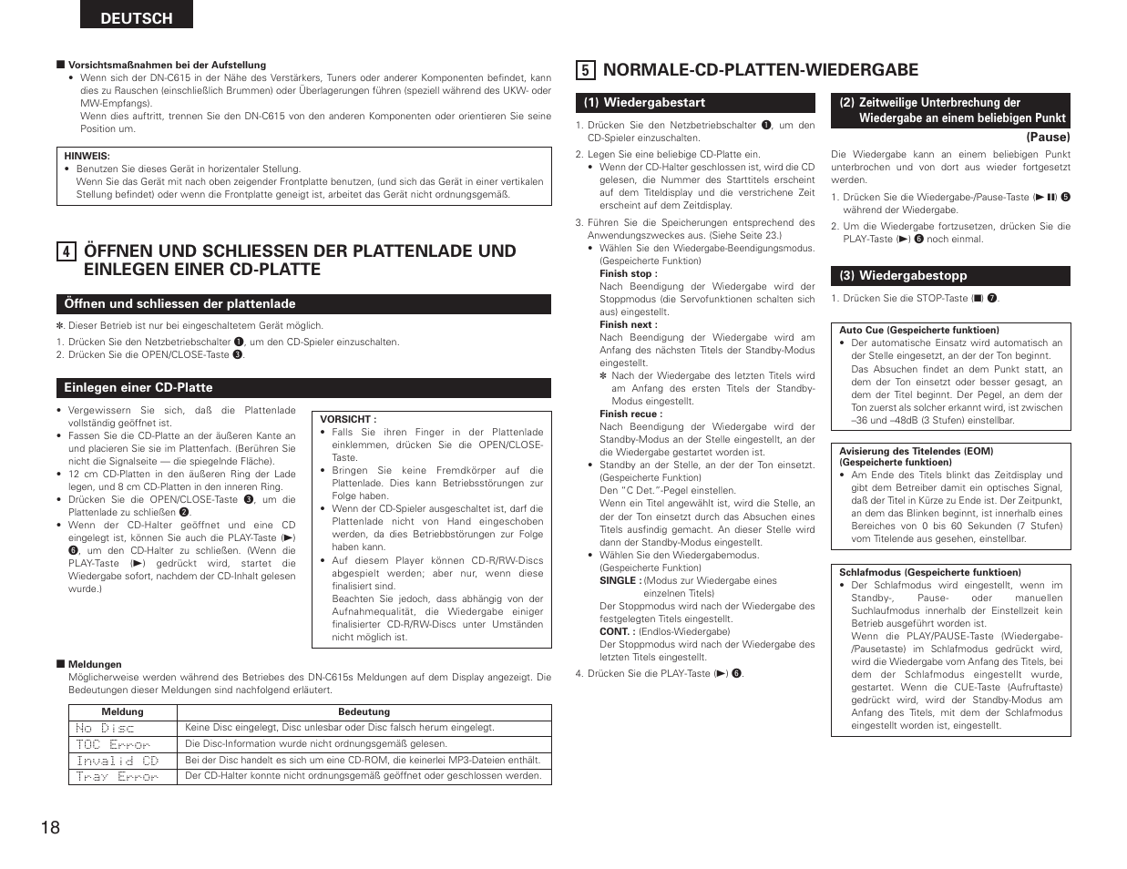 Normale-cd-platten-wiedergabe, Deutsch | Denon DN-C615 User Manual | Page 18 / 76