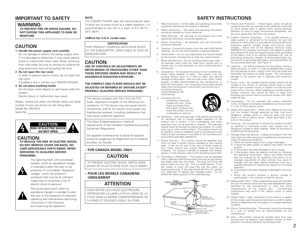 Safety instructions, Important to safety warning, Attention | Caution | Denon DN-C615 User Manual | Page 2 / 76