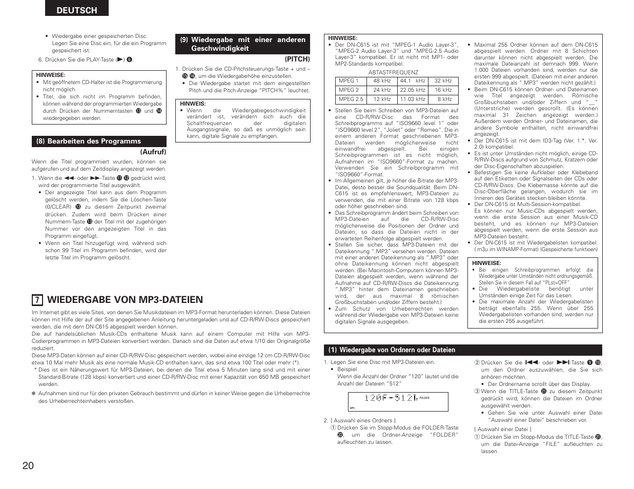 Wiedergabe von mp3-dateien, Deutsch | Denon DN-C615 User Manual | Page 20 / 76