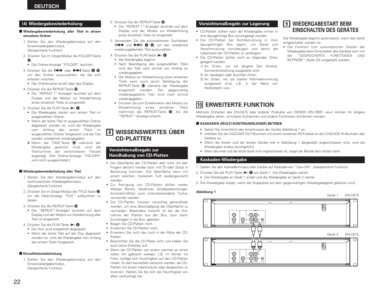 Wissenswertes über cd-platten, Wiedergabestart beim einschalten des gerätes, Erweiterte funktion | Deutsch | Denon DN-C615 User Manual | Page 22 / 76