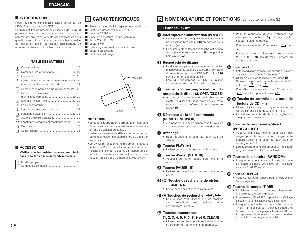 Français, Caracteristiques, Nomenclature et fonctions | Denon DN-C615 User Manual | Page 26 / 76