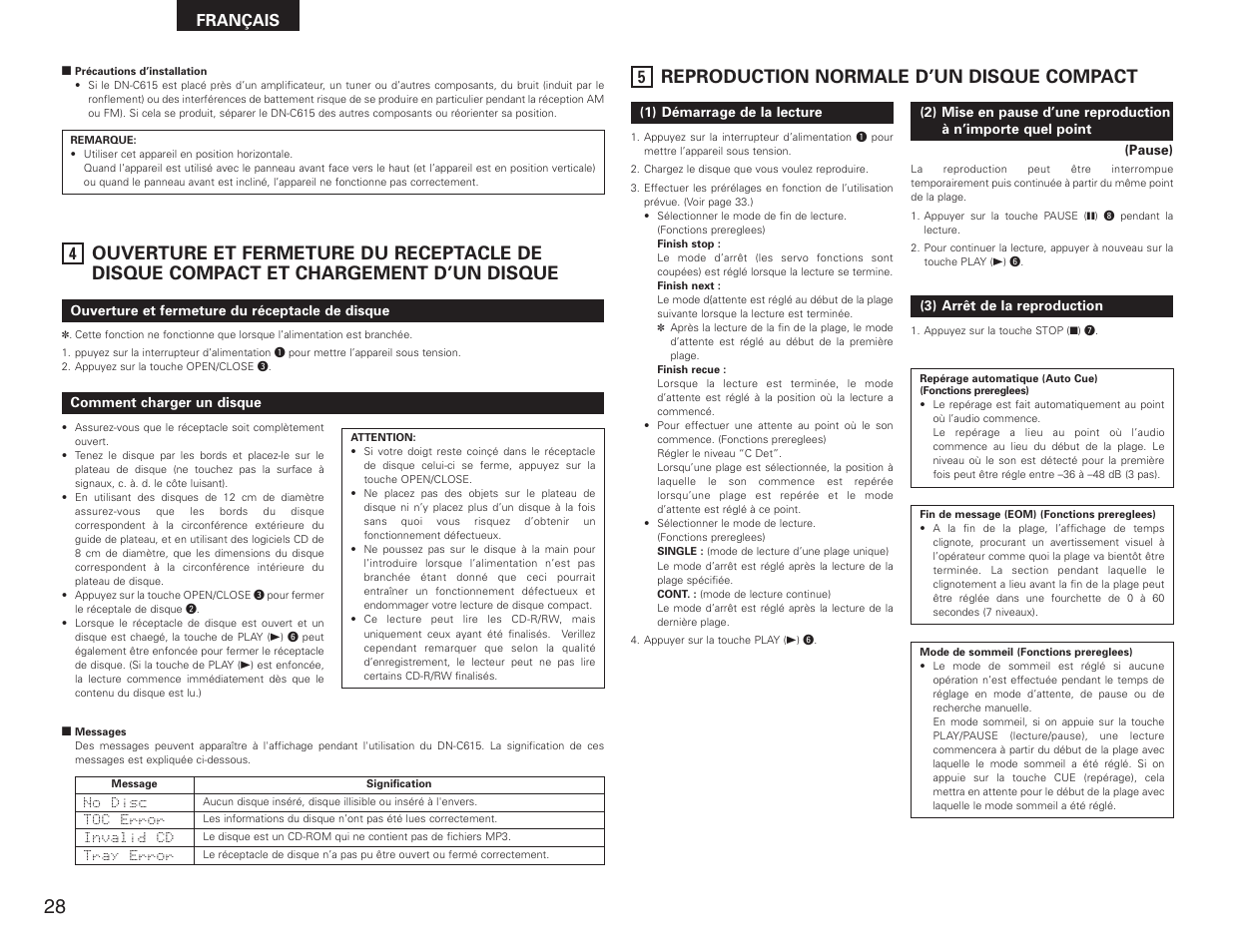Reproduction normale d’un disque compact, Français | Denon DN-C615 User Manual | Page 28 / 76