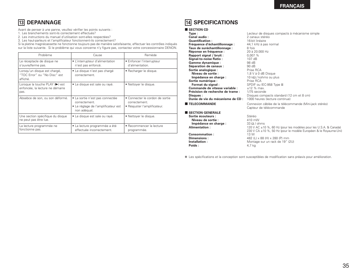 Depannage, Specifications, Français | Denon DN-C615 User Manual | Page 35 / 76