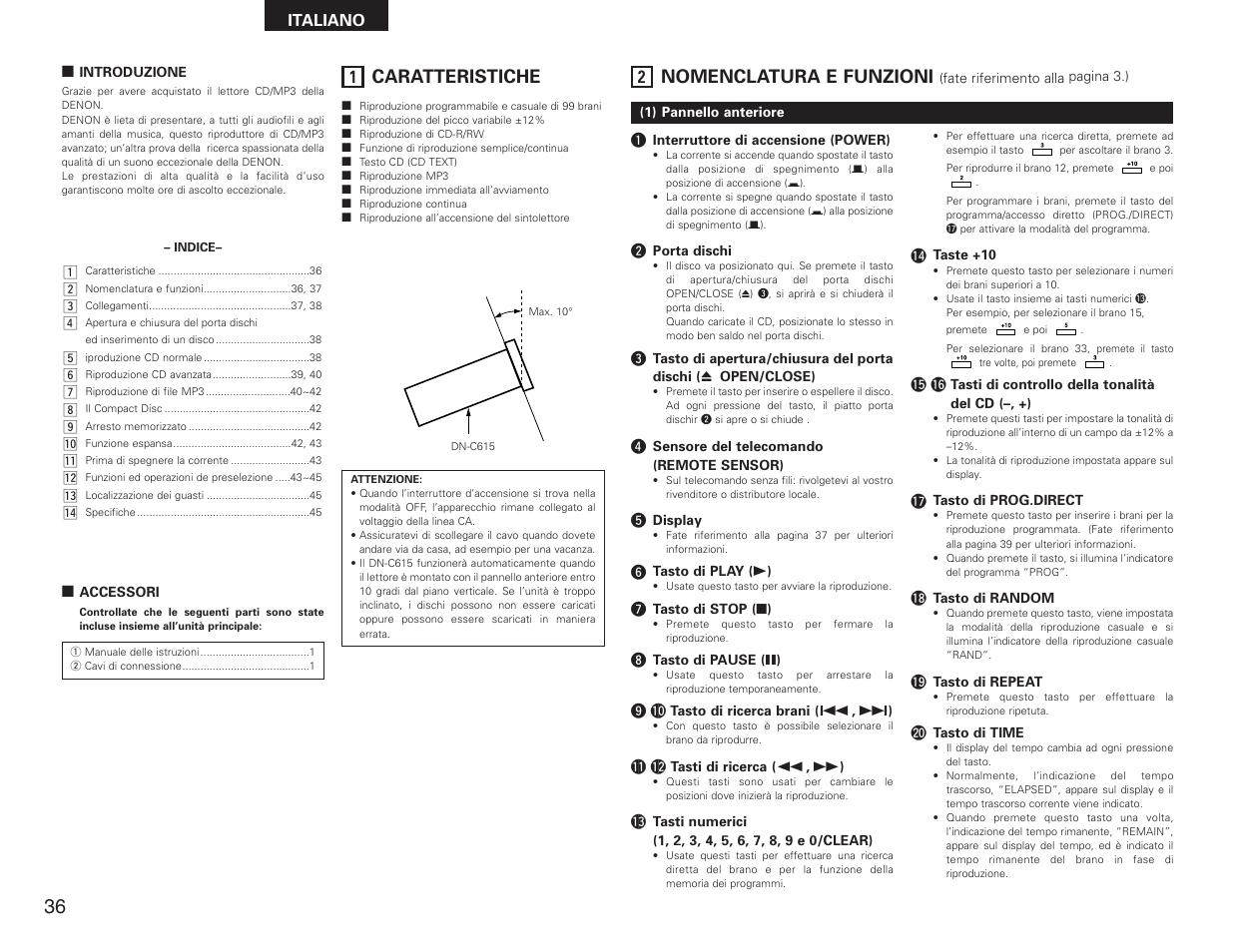 Italiano, Caratteristiche, Nomenclatura e funzioni | Denon DN-C615 User Manual | Page 36 / 76