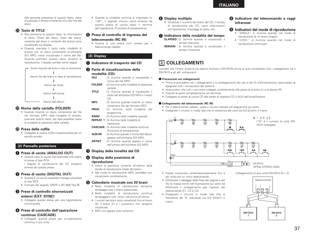 Collegamenti, Italiano, O indicatori del mode di riproduzione | Denon DN-C615 User Manual | Page 37 / 76