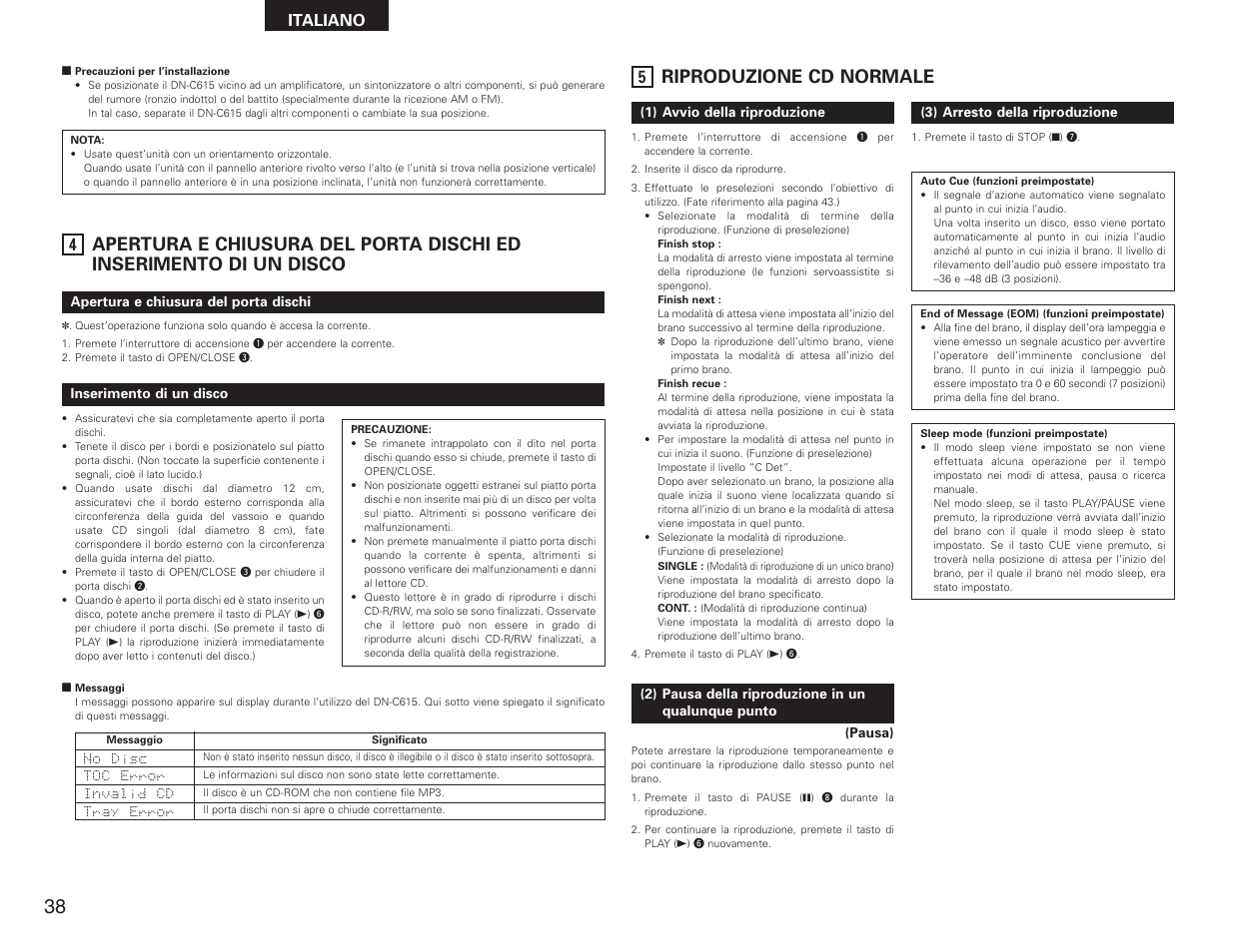 Riproduzione cd normale, Italiano | Denon DN-C615 User Manual | Page 38 / 76