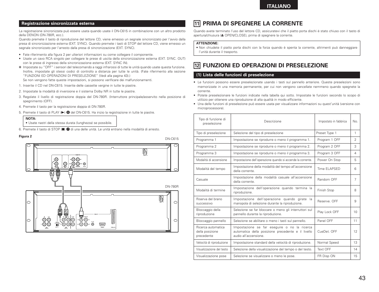 Prima di spegnere la corrente, Funzioni ed operazioni di preselezione, Italiano | Denon DN-C615 User Manual | Page 43 / 76