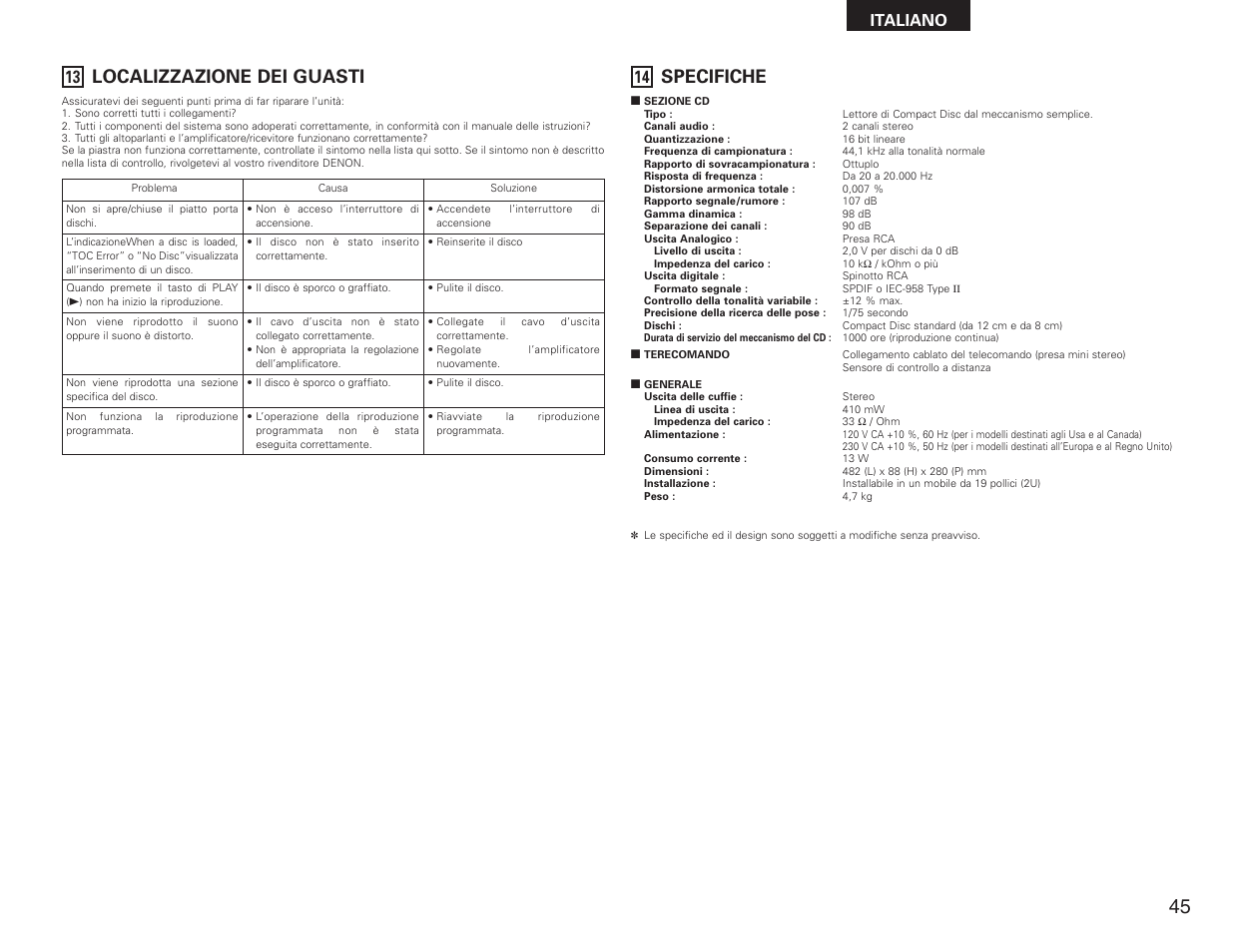 Localizzazione dei guasti, Specifiche, Italiano | Denon DN-C615 User Manual | Page 45 / 76