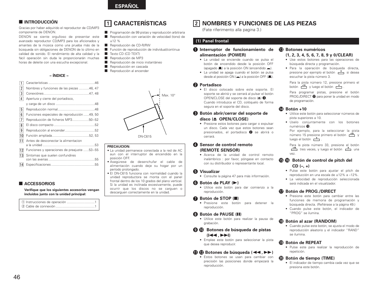 Español, Características, Nombres y funciones de las piezas | Denon DN-C615 User Manual | Page 46 / 76