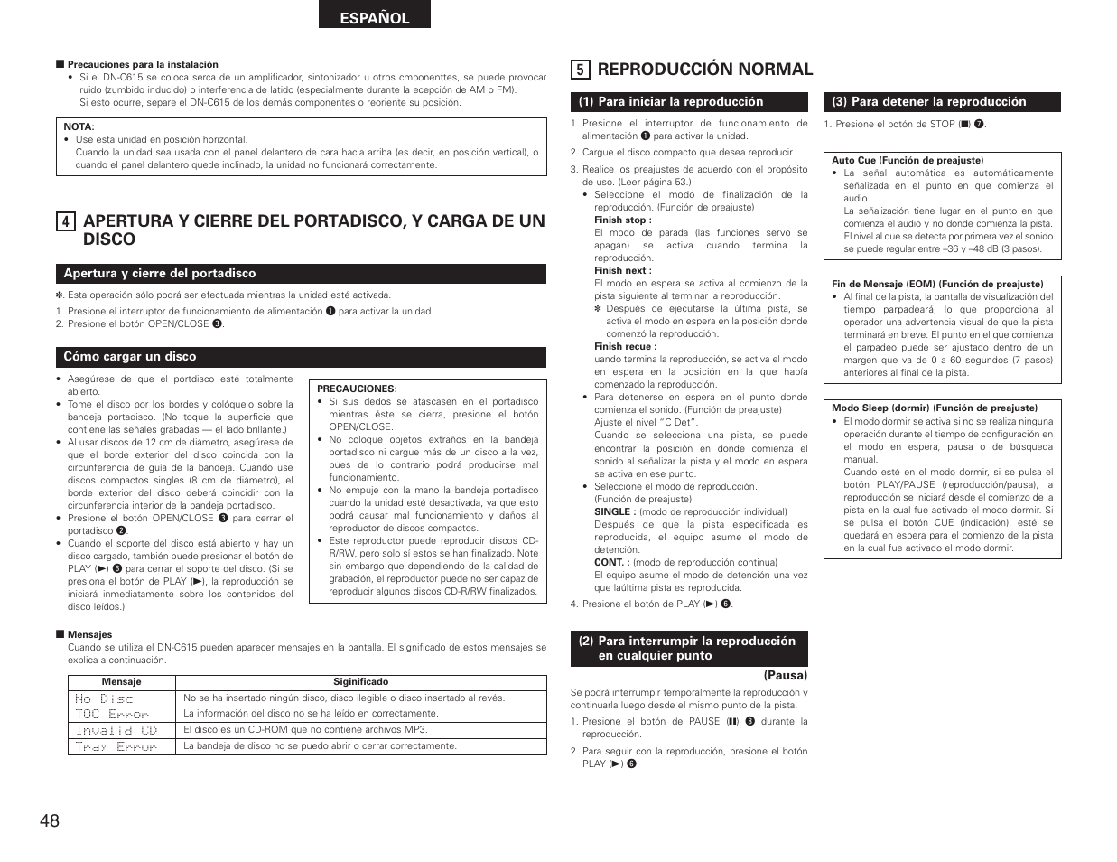 Reproducción normal, Español | Denon DN-C615 User Manual | Page 48 / 76