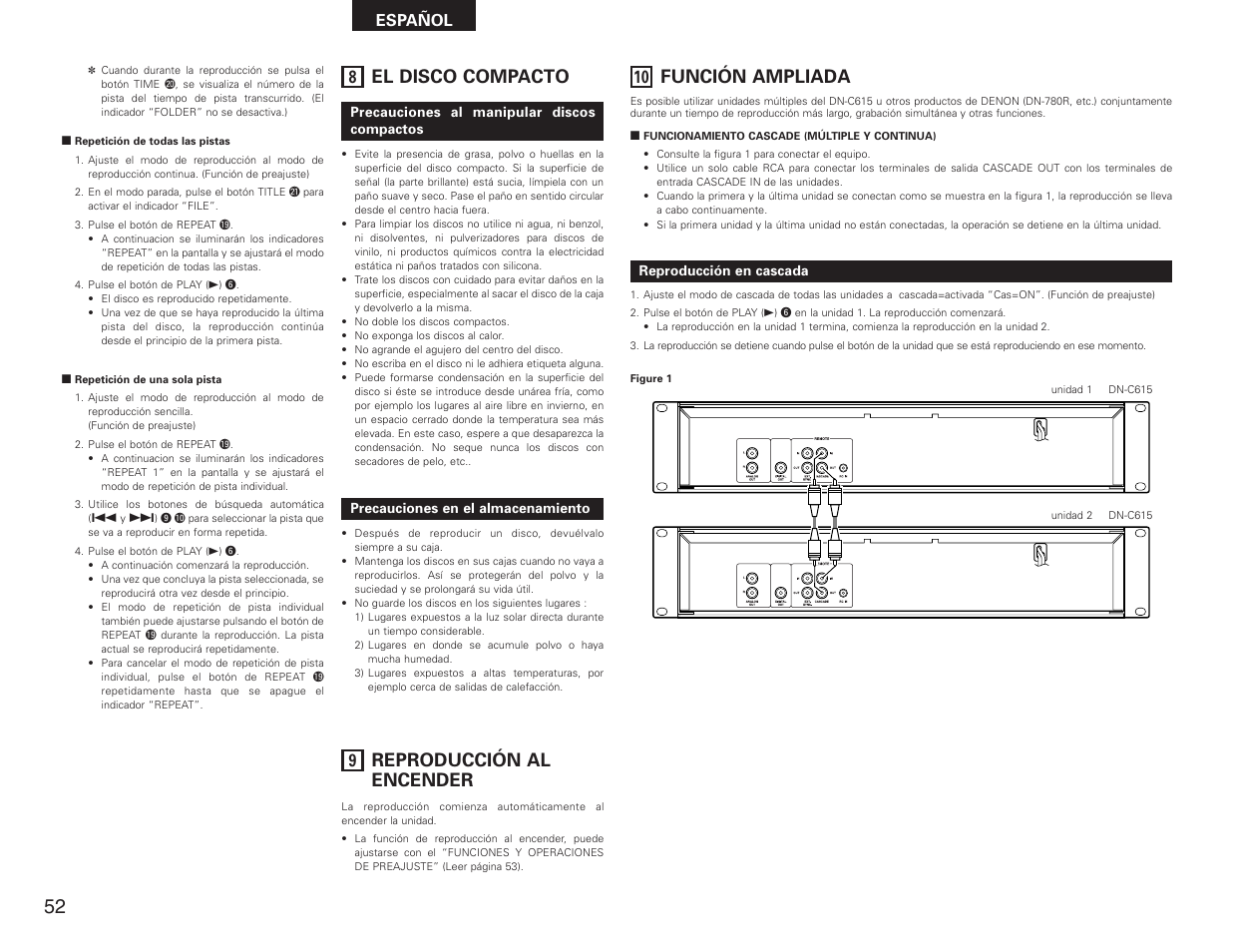 El disco compacto, Reproducción al encender, Función ampliada | Español | Denon DN-C615 User Manual | Page 52 / 76
