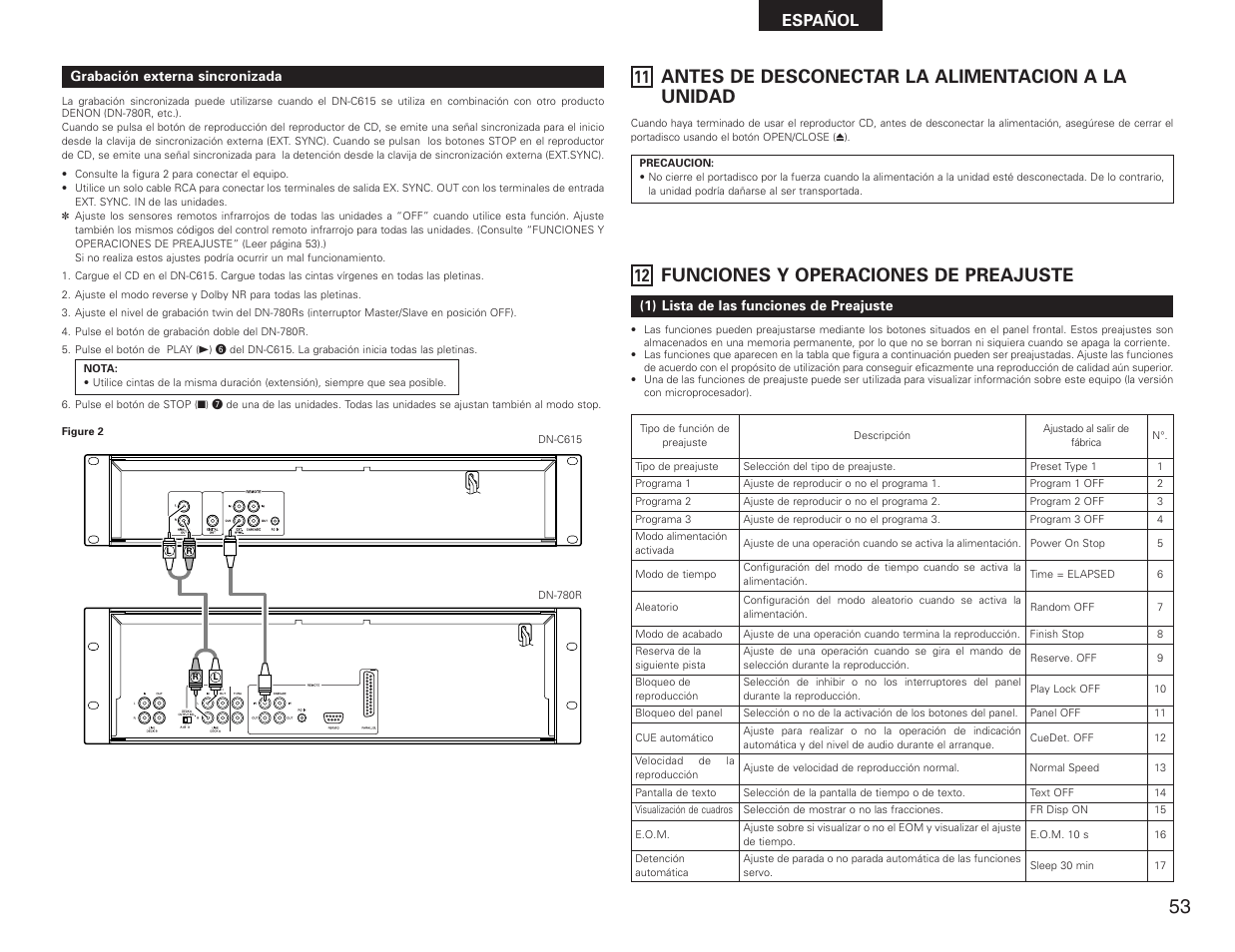 Antes de desconectar la alimentacion a la unidad, Funciones y operaciones de preajuste, Español | Denon DN-C615 User Manual | Page 53 / 76