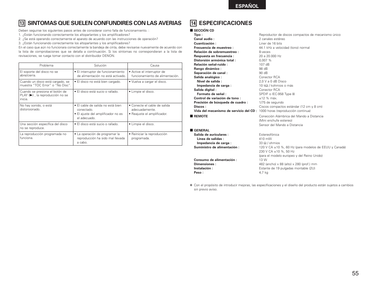 Sintomas que suelen confundires con las averias, Especificaciones, Español | Denon DN-C615 User Manual | Page 55 / 76