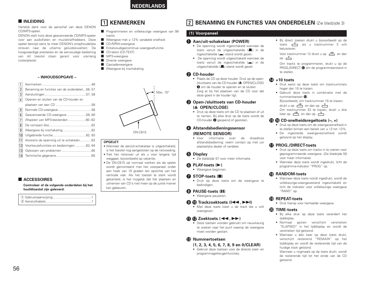 Nederlands, Kenmerken, Benaming en functies van onderdelen | Denon DN-C615 User Manual | Page 56 / 76