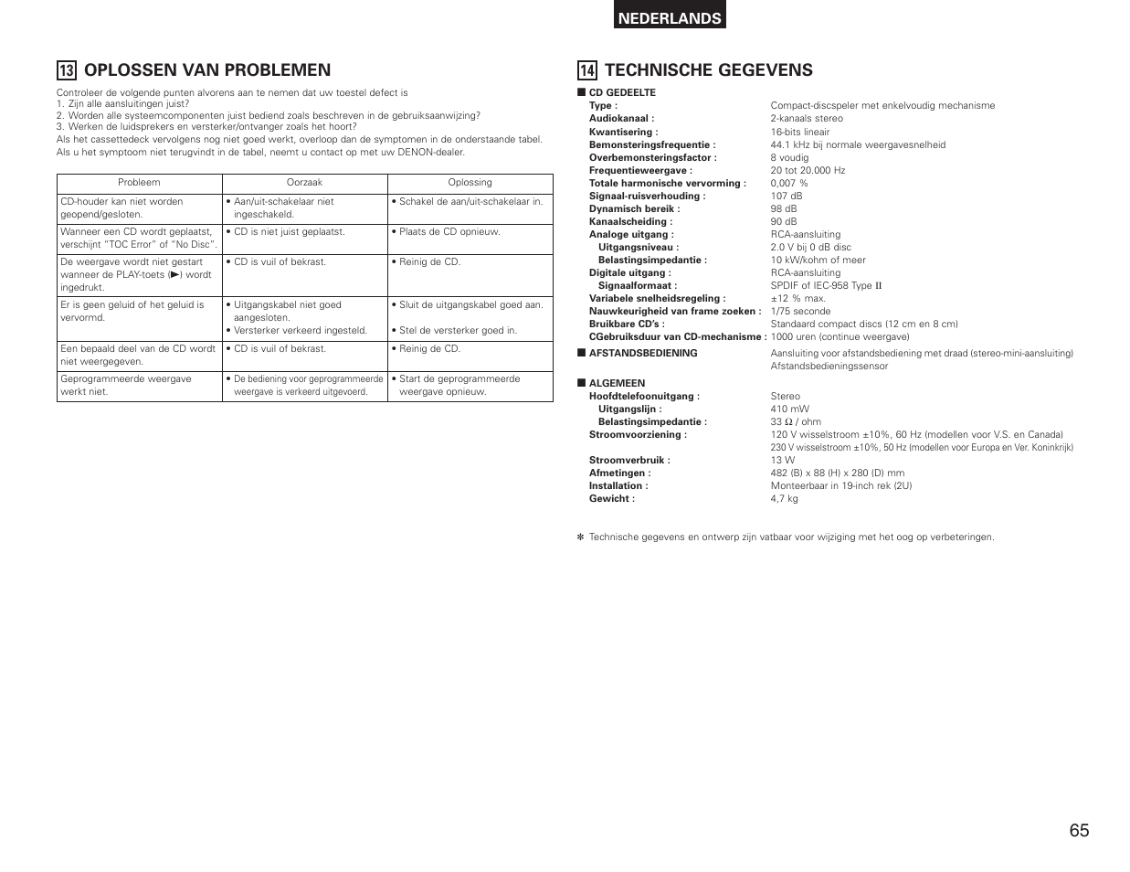 Oplossen van problemen, Technische gegevens, Nederlands | Denon DN-C615 User Manual | Page 65 / 76