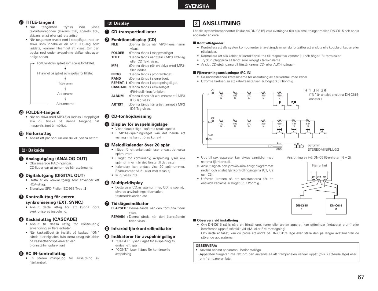 Anslutning, Svenska @1 | Denon DN-C615 User Manual | Page 67 / 76