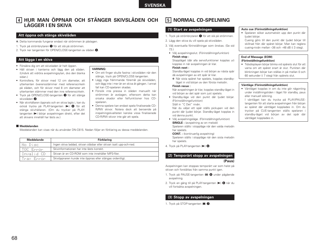 Normal cd-spelning, Svenska | Denon DN-C615 User Manual | Page 68 / 76