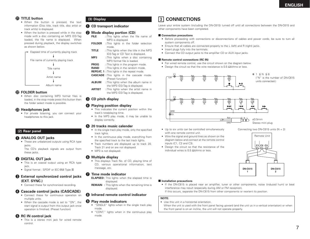 Connections, English @1 | Denon DN-C615 User Manual | Page 7 / 76