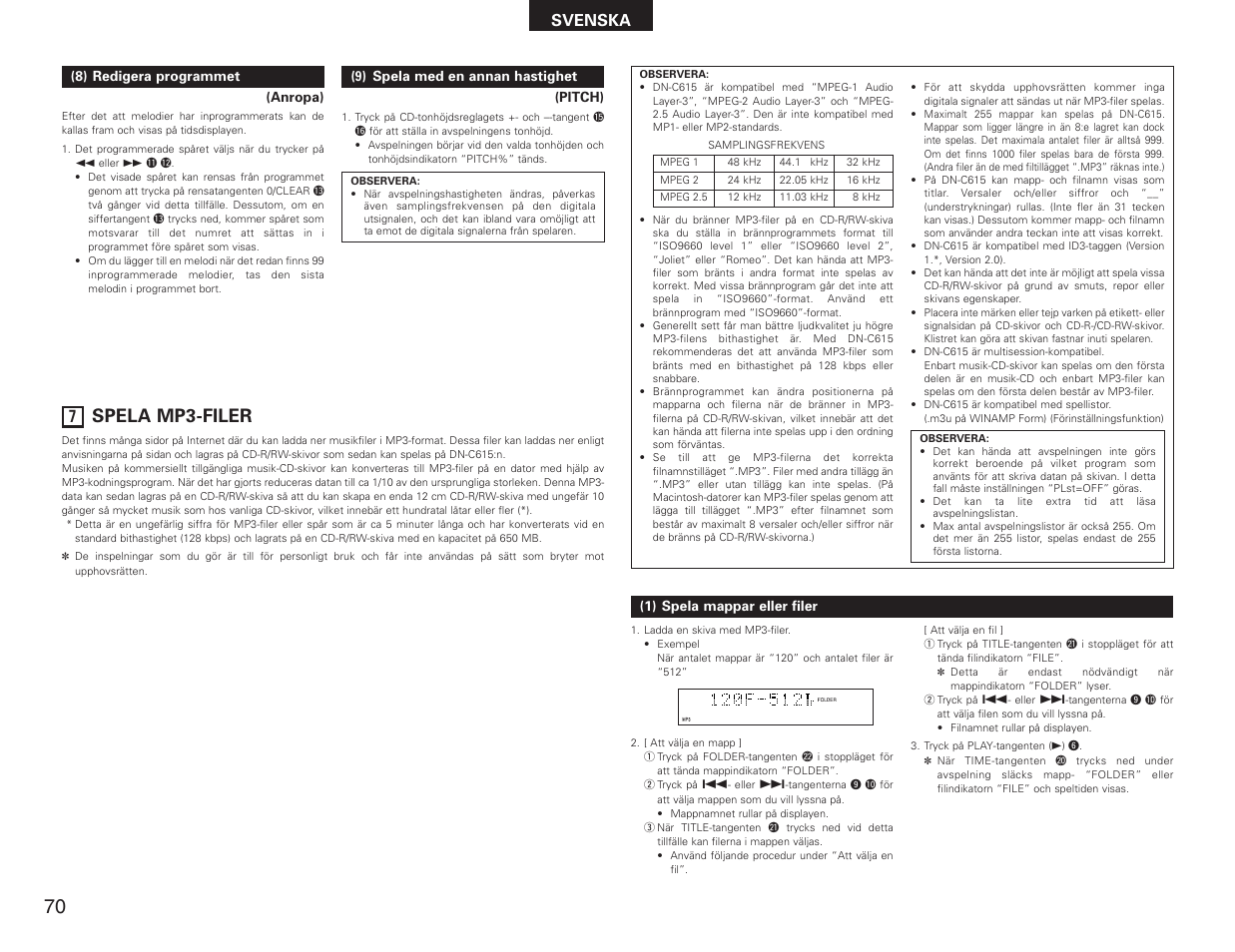 Spela mp3-filer, Svenska | Denon DN-C615 User Manual | Page 70 / 76