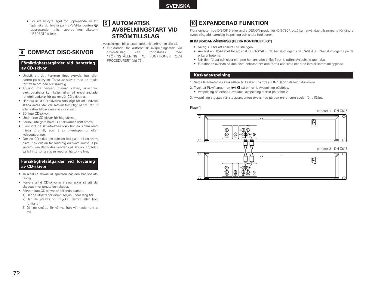 Compact disc-skivor, Automatisk avspelningstart vid strömtillslag, Expanderad funktion | Denon DN-C615 User Manual | Page 72 / 76