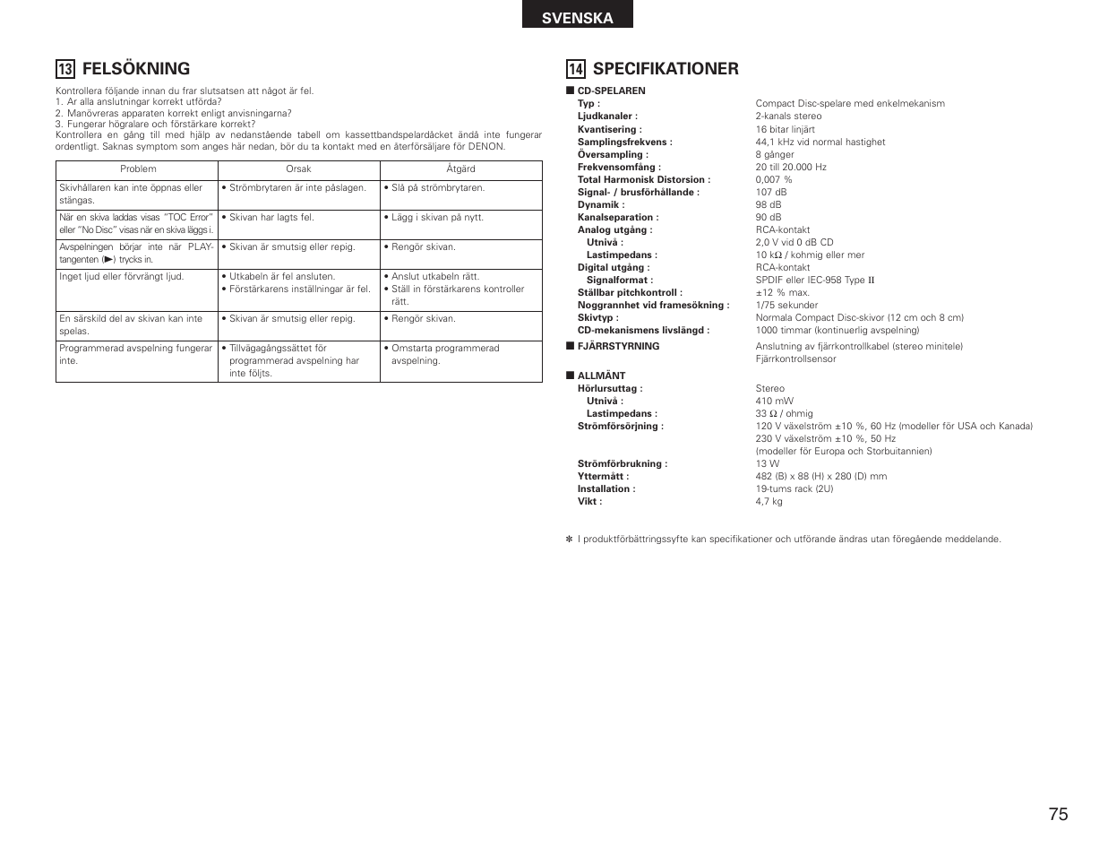 Felsökning, Specifikationer, Svenska | Denon DN-C615 User Manual | Page 75 / 76