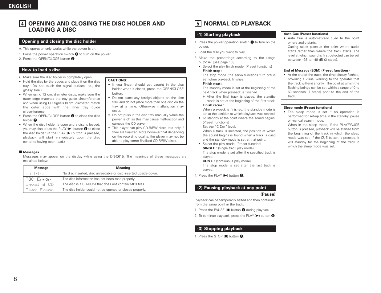 Normal cd playback, English | Denon DN-C615 User Manual | Page 8 / 76