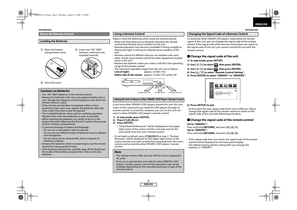 About the remote control, Remote control, Changing the signal code of a remote control | Denon DVD-1800BD User Manual | Page 10 / 45