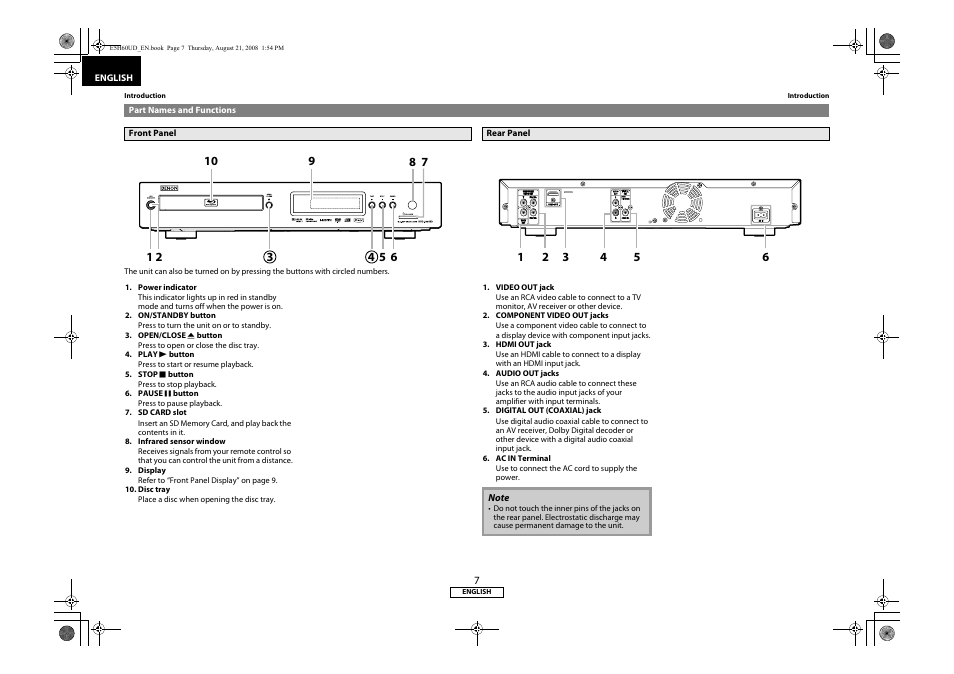 Part names and functions, Front panel rear panel | Denon DVD-1800BD User Manual | Page 11 / 45