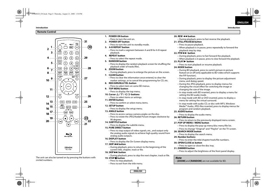 Remote control | Denon DVD-1800BD User Manual | Page 12 / 45