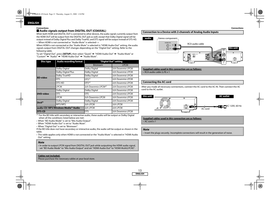 Connection to a device with 2-channels of analog, Audio inputs, Connecting the ac cord | Denon DVD-1800BD User Manual | Page 17 / 45