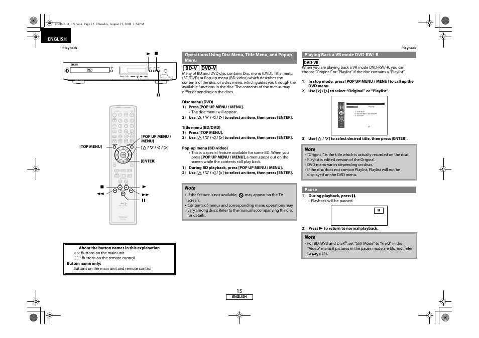 Operations using disc menu, title menu, and, Popup menu, Playing back a vr mode dvd-rw/-r pause | Denon DVD-1800BD User Manual | Page 19 / 45