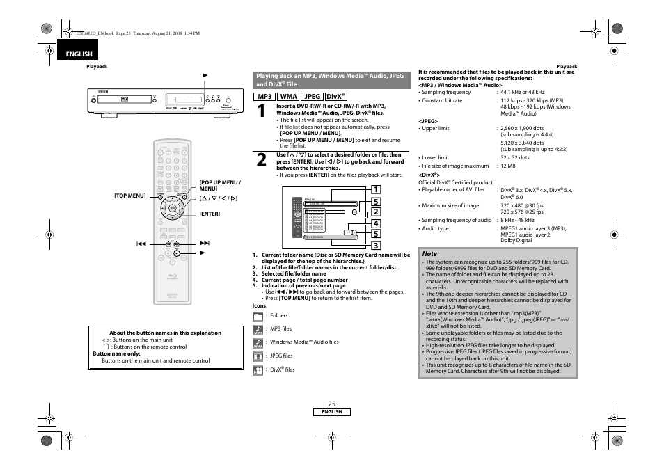 Playing back an mp3, windows media™ audio, Jpeg and divx® file | Denon DVD-1800BD User Manual | Page 29 / 45