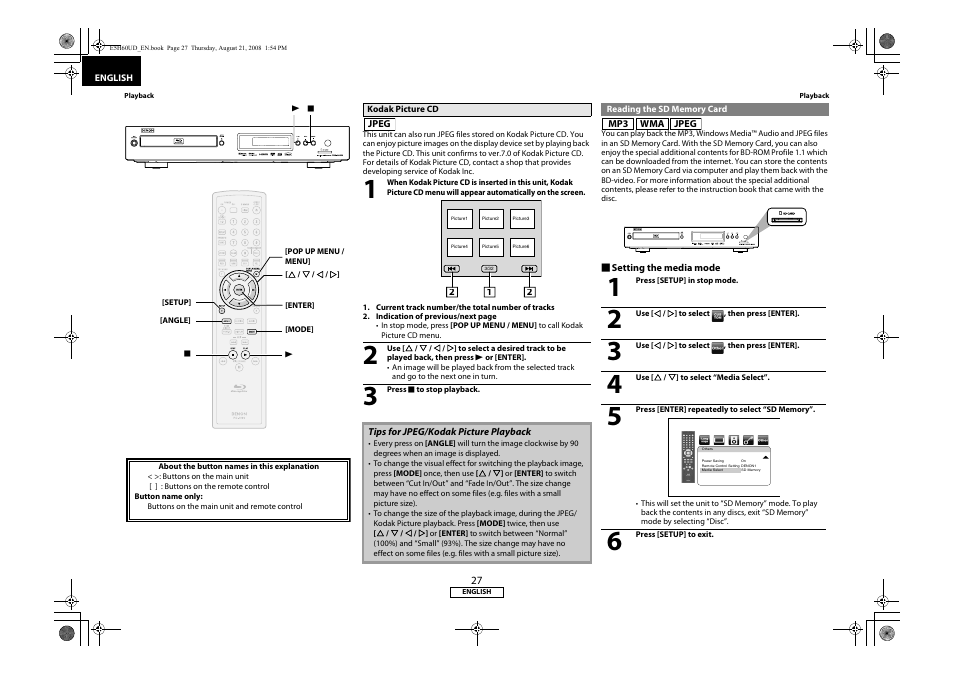 Kodak picture cd, Reading the sd memory card | Denon DVD-1800BD User Manual | Page 31 / 45