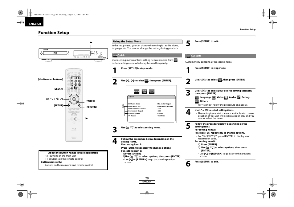 Function setup, Using the setup menu, Quick custom | On pa | Denon DVD-1800BD User Manual | Page 33 / 45