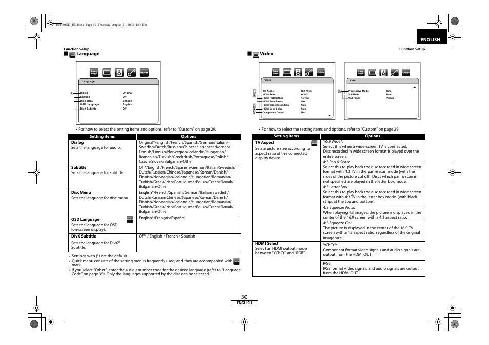 Ge 30.), Language, Video | Denon DVD-1800BD User Manual | Page 34 / 45