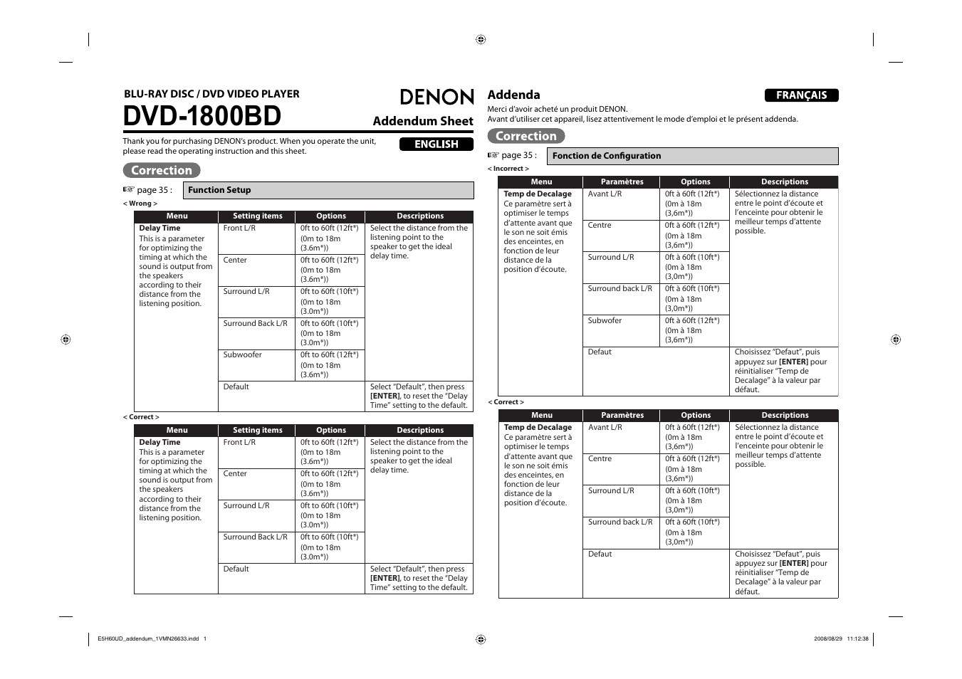Dvd-1800bd, Addendum sheet, Addenda | Denon DVD-1800BD User Manual | Page 4 / 45