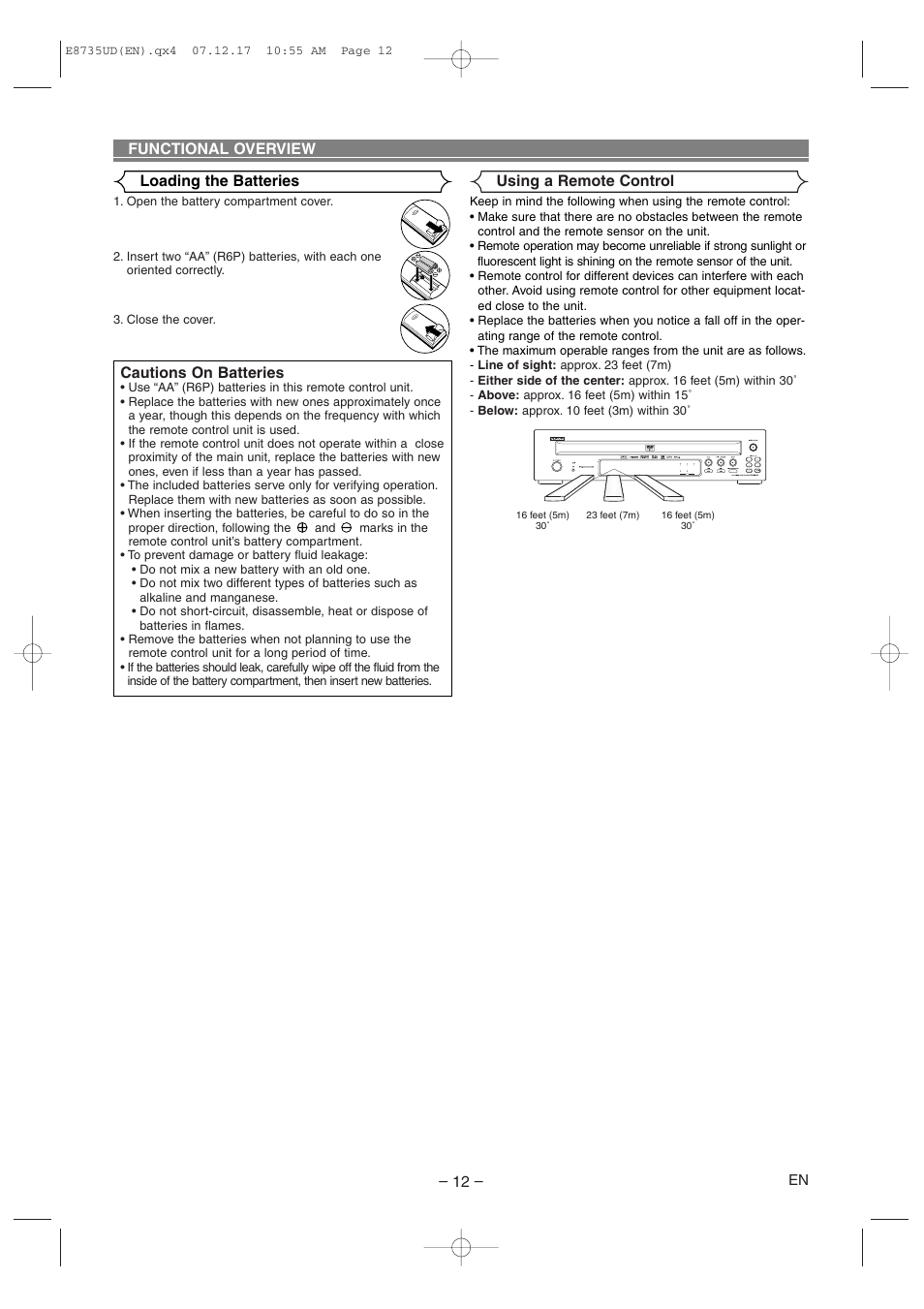 Functional overview loading the batteries, Cautions on batteries, Using a remote control – 12 | Denon DVM-745 User Manual | Page 12 / 36