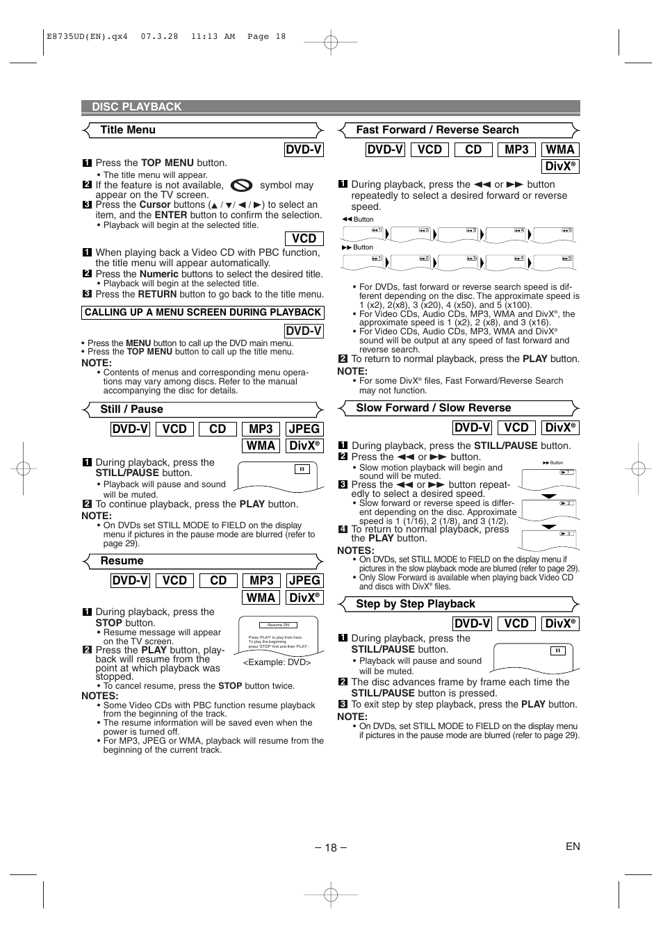 Divx, Vcd dvd-v, Wma mp3 cd vcd dvd-v | Dvd-v, Wma jpeg mp3 cd vcd dvd-v, Step by step playback, Slow forward / slow reverse, Fast forward / reverse search, Disc playback, Still / pause | Denon DVM-745 User Manual | Page 18 / 36