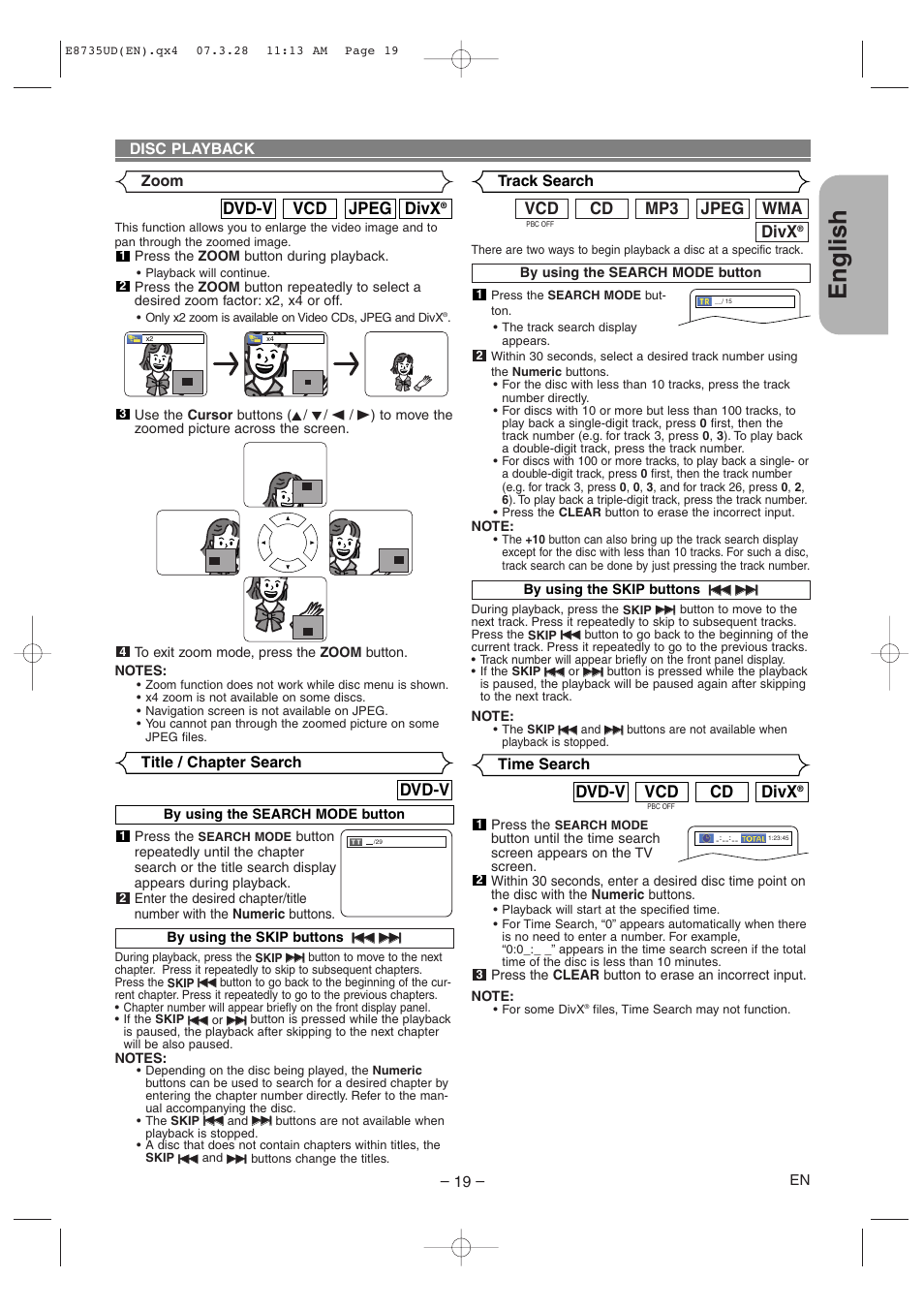 English, Divx, Jpeg vcd dvd-v | Dvd-v, Cd vcd dvd-v, Wma jpeg mp3 cd vcd | Denon DVM-745 User Manual | Page 19 / 36