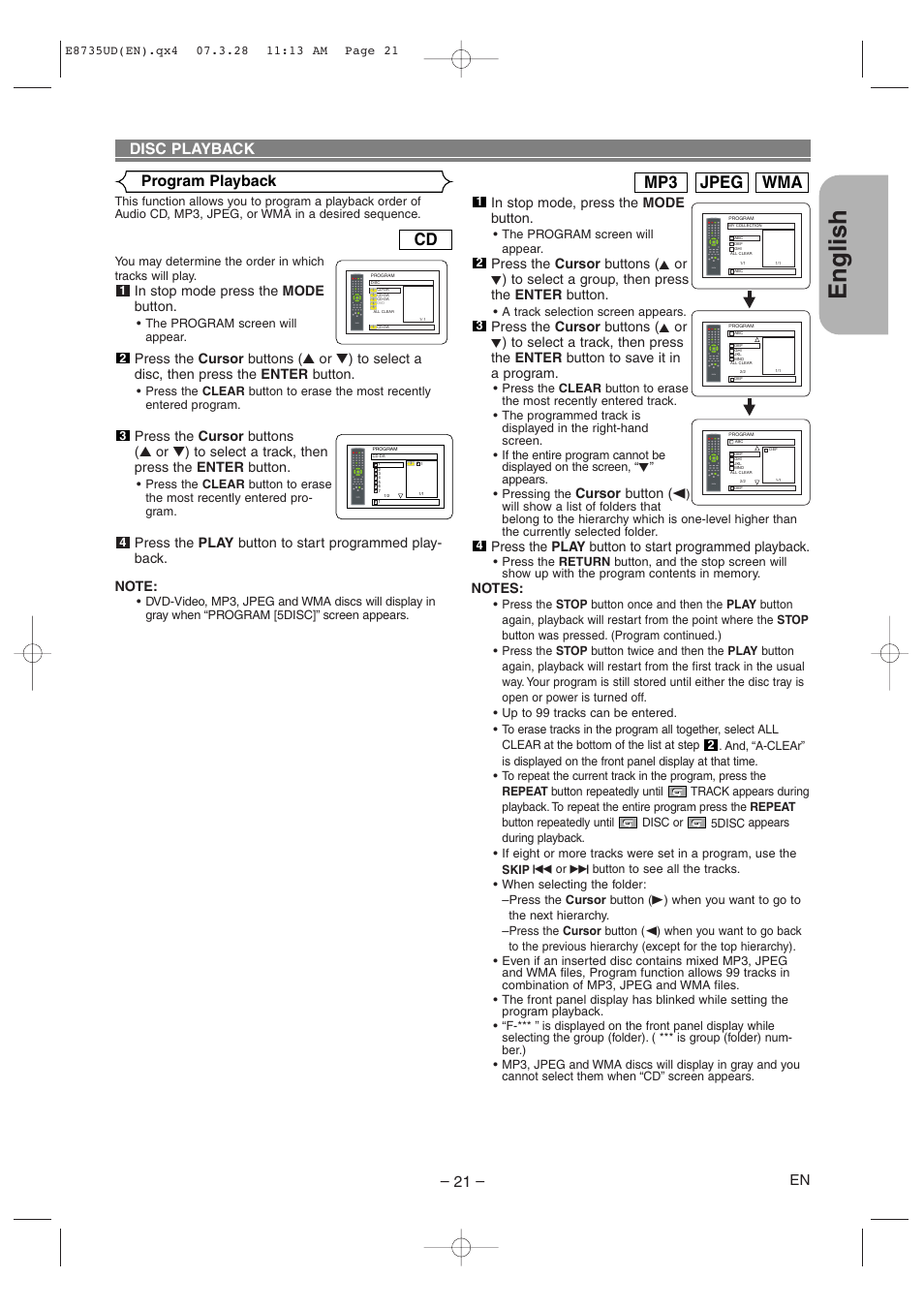 English, Wma jpeg mp3, Disc playback program playback | Cursor button (s, Press the play button to start programmed playback | Denon DVM-745 User Manual | Page 21 / 36
