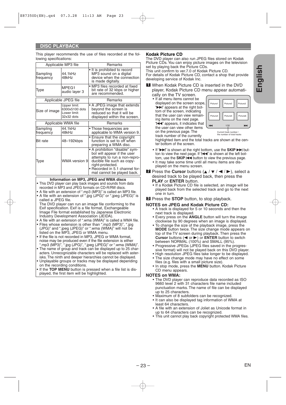 English, Disc playback | Denon DVM-745 User Manual | Page 23 / 36