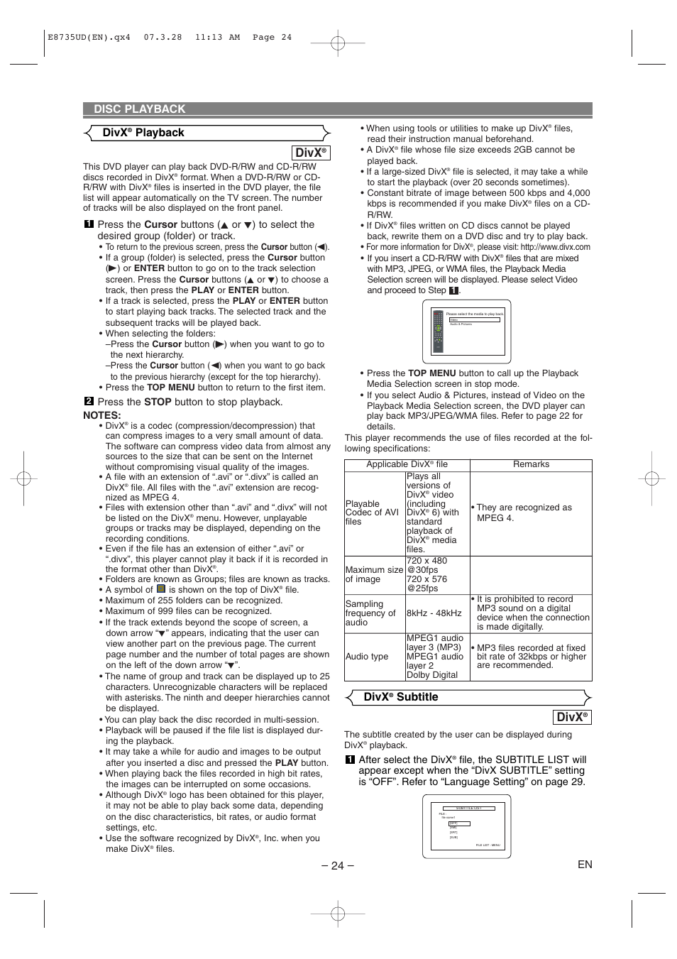 Divx, Subtitle, Disc playback | Playback | Denon DVM-745 User Manual | Page 24 / 36