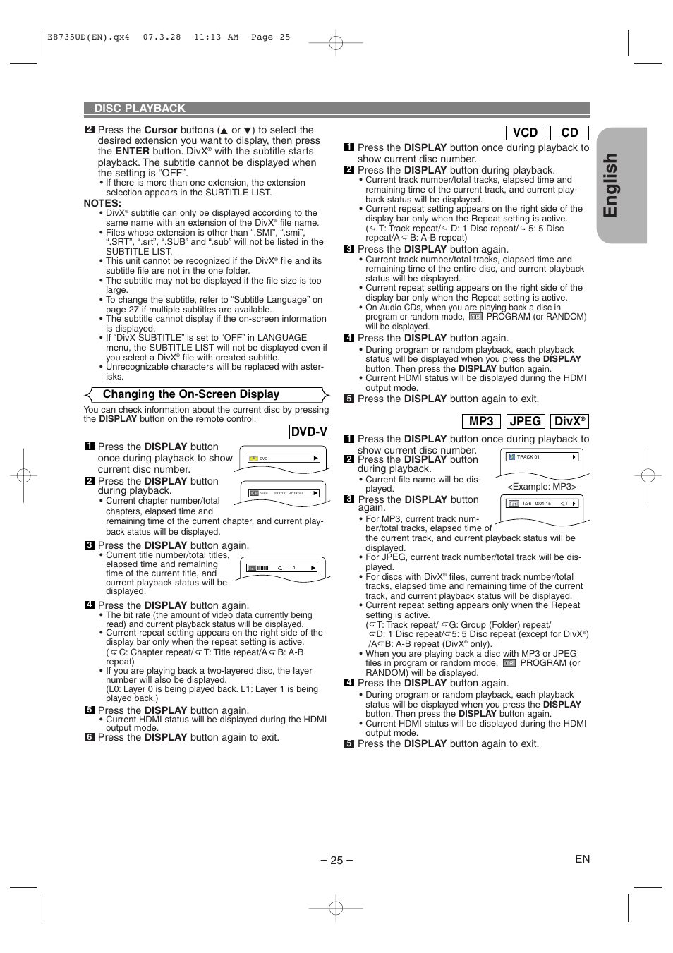 English, Dvd-v, Cd vcd | Divx, Jpeg mp3, Changing the on-screen display, Disc playback | Denon DVM-745 User Manual | Page 25 / 36
