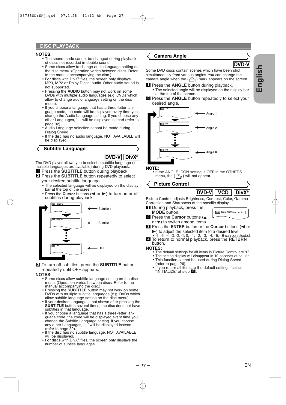 English, Divx, Dvd-v | Vcd dvd-v, Disc playback, Subtitle language, Camera angle picture control | Denon DVM-745 User Manual | Page 27 / 36