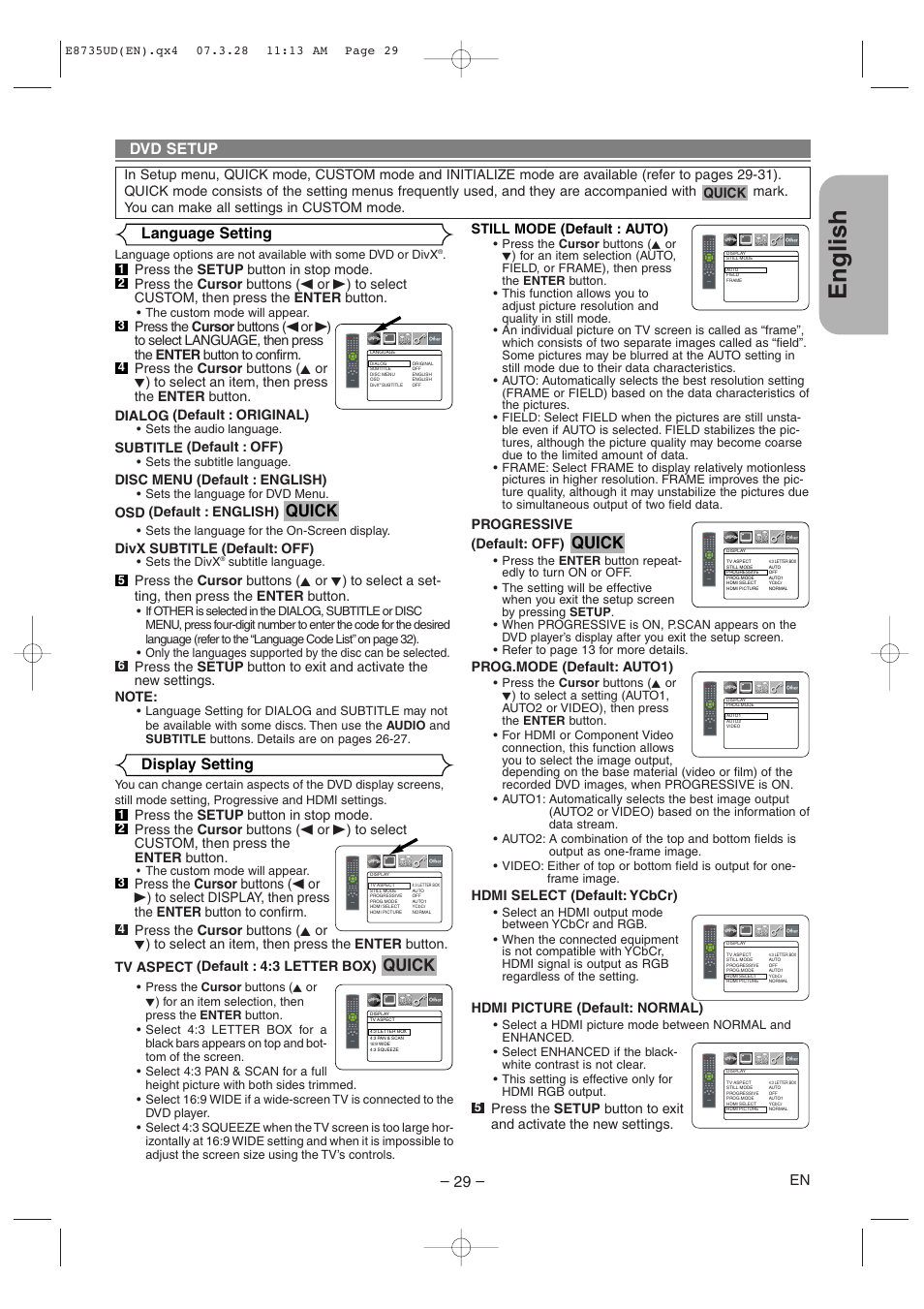 English, Quick, Dvd setup display setting | Language setting, Subtitle (default : off), Disc menu (default : english), Osd (default : english), Divx subtitle (default: off), Still mode (default : auto), Progressive (default: off) | Denon DVM-745 User Manual | Page 29 / 36