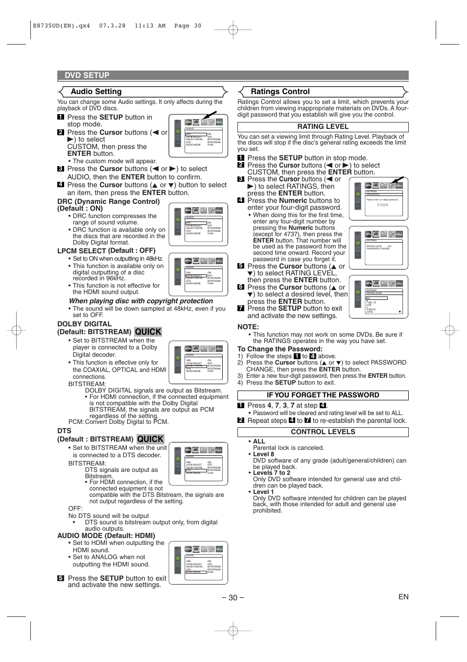 Quick, Dvd setup, Audio setting | Ratings control, Lpcm select (default : off), When playing disc with copyright protection, Dolby digital (default: bitstream), Dts (default : bitstream), Audio mode (default: hdmi), Rating level | Denon DVM-745 User Manual | Page 30 / 36