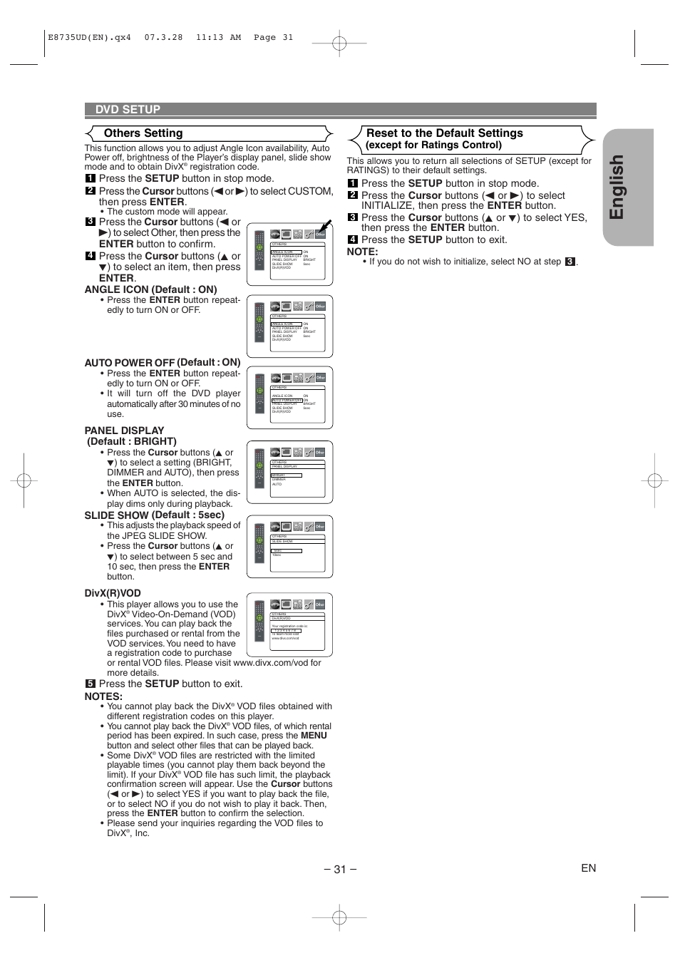 English, Others setting dvd setup, Reset to the default settings | Auto power off (default : on), Panel display (default : bright), Slide show (default : 5sec), Divx(r)vod, Except for ratings control) | Denon DVM-745 User Manual | Page 31 / 36