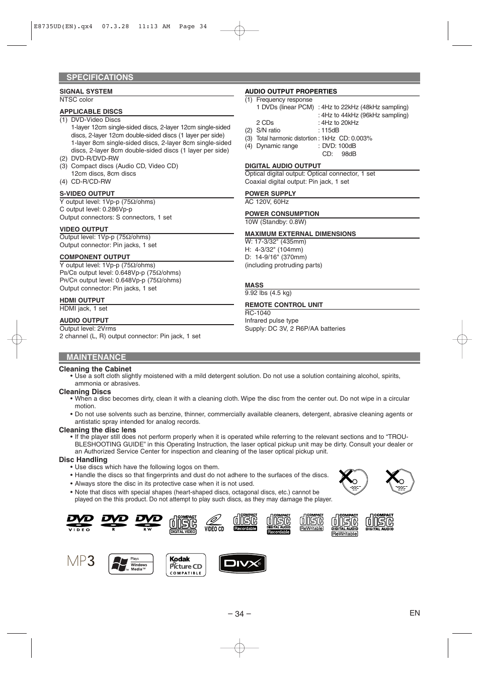 Specifications, Maintenance | Denon DVM-745 User Manual | Page 34 / 36