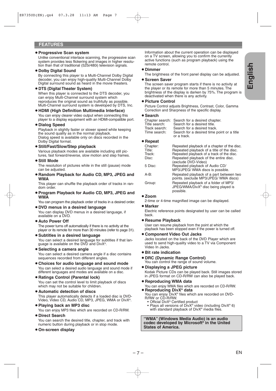 English, Features | Denon DVM-745 User Manual | Page 7 / 36